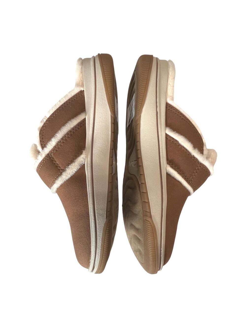New Clarks Cloudsteppers Breeze Cross Taupe Faux Fur Lined Mules Slippers 5.5 - Picture 5 of 8